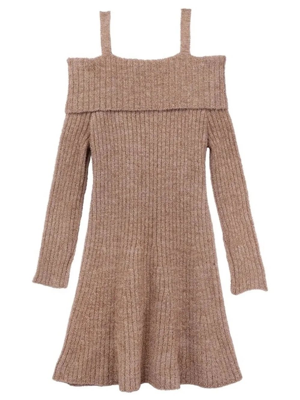 abercrombie kids Ribbed Cold-Shoulder Knit Dress in Taupe